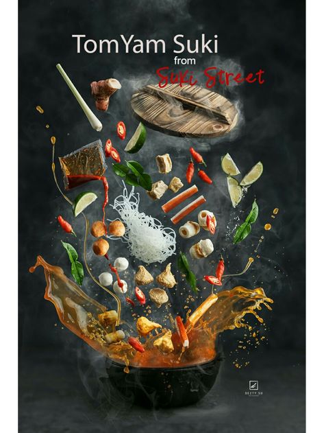 Digital Imaging Ideas with Photoshop making flying food photography "Tom Yam Suki" Flying Food Photography, Food Motion, Commercial Food Photography, Wok Recipes, Digital Imaging, Food Concept, Illustration Graphic, Food Images, Food Poster