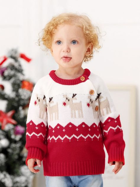 Toddler Boys Christmas Elk Print Knitwear -SheIn(Sheinside) Childrens Christmas Outfits, Baby Christmas Sweater, Reindeer Outfit, Toddler Boy Sweater, Reindeer Christmas Sweater, Red Christmas Sweater, Pull Bebe, Deer Pattern, Baby Christmas Outfit