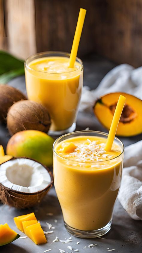 Hier ist ein tropisches Rezept für einen Kokos-Mango-Smoothie, perfekt als erfrischender Snack oder nach dem Training! Mango Smoothie, Workout Supplements, Smoothie, Mango