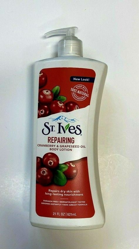 St Ives Repairing Body Lotion Cranberry and Grapeseed Oil 21 oz "HARD TO FIND" Condition is Brand New without Box Fast Free Shipping with Priority Mail WRAP YOUR BODY IN THIS RICH, RESTORATIVE LOTION FOR NOURISHED, HEALTHY-LOOKING SKIN. WITH 100% NATURAL MOISTURIZERS, THIS NON-GREASY LOTION ABSORBS QUICKLY TO MOISTURIZE DRY SKIN FOR UP TO 24 HOURS CRANBERRY SEED & GRAPESEED OIL EXTRACTS ARE KNOWN FOR THEIR SKIN-NOURISHING PROPERTIES St Ives Products, St Ives Body Lotion, Body Butters Recipe, Glam Room, Body Butters, Natural Moisturizer, St Ives, Moisturizer For Dry Skin, Hot Mess