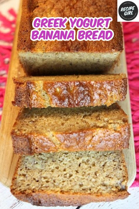 loaf of banana bread sliced Healthy Banana Bread Greek Yogurt, Banana Bread Recipe With Yogurt, Banana Bread With Yogurt, Banana Bread With Greek Yogurt, Recipes Using Greek Yogurt, Greek Yogurt Bread, Plain Greek Yogurt Recipes, Banana Bread With Applesauce, Greek Yogurt Banana Bread