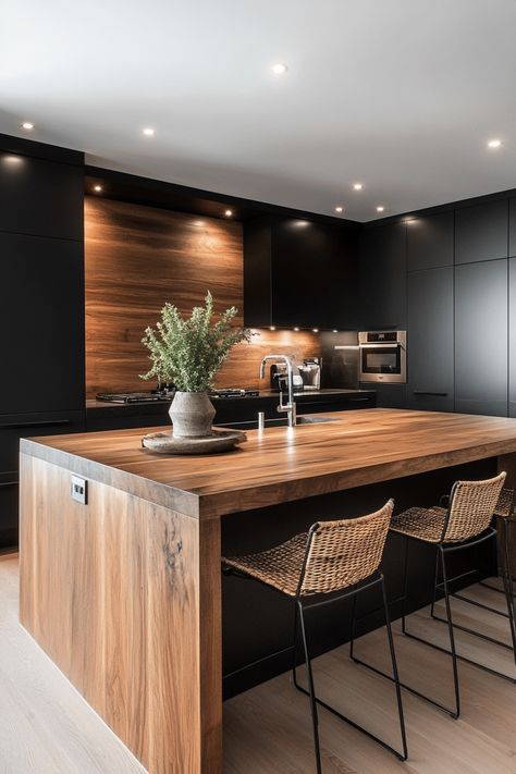 Discover the latest kitchen design with sleek black cabinets paired with warm wood accents. This contemporary style combines functionality and aesthetics, creating a cozy yet modern cooking space. Perfect for any home remodel! 🏡 #KitchenDesign #ModernKitchen #HomeDecor Black Cabinets Wood Countertop, Taupe And Wood Kitchen, Black Walnut Kitchen Cabinets, Brown And Black Kitchen, Black Wood Kitchen, Moore Kitchen, Kirchen Design, Walnut Kitchen Cabinets, Kitchen Cabinetry Design