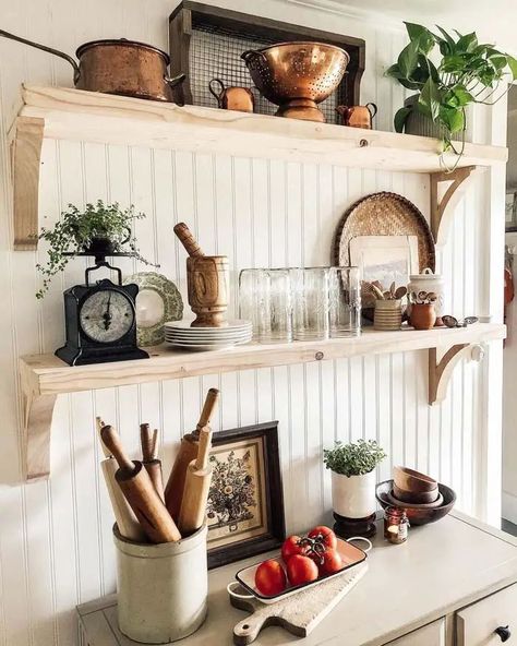 Blonde Wood Shelves For Your Airy Kitchen Kitchen Floating Shelves Decor, Kitchen Shelf Decor Ideas, Farmhouse Shelves Decor, Diy Kitchen Shelves, Kitchen Floating Shelves, Dining Room Shelves, Farmhouse Buffet, Kitchen Shelf Decor, Floating Shelf Decor