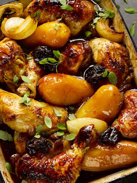 Chicken with prunes & pomergranate molasses | Ottolenghi Recipes Ottolenghi Chicken, Yotam Ottolenghi Recipes, Pork Dinners, Molasses Recipes, Df Recipes, Chicken With Potatoes, Ottolenghi Recipes, Pomegranate Molasses, One Pot Chicken