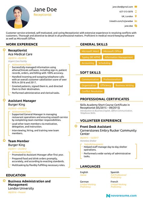 Receptionist Resume Sample [Job Description, Skills & Tips] Receptionist Aesthetic, Receptionist Resume, Dental Receptionist, Job Resume Format, Receptionist Jobs, Job Resume Samples, Best Resume Format, Job Description Template, Job Resume Template