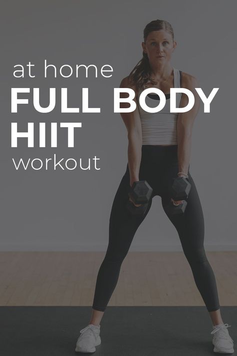 Get all the benefits of strength training and high intensity interval training in this 35-Minute Full Body HIIT workout for women! Nine full body HIIT exercises you can do at home with weights. Full body HIIT workouts are a great way to build muscle and improve your cardiovascular fitness at the same time! Burn fat and build strength with this advanced, full body HIIT workout for women. You only have to do each full body exercise twice, so grab your heavy dumbbells. Full Body Hiit Workouts, Hiit With Weights, Hiit Workouts With Weights, Hiit Workouts For Men, Barre Workout Video, Hiit Exercises, Full Body Exercise, Pregnancy Workout Videos, Hiit Workout Videos