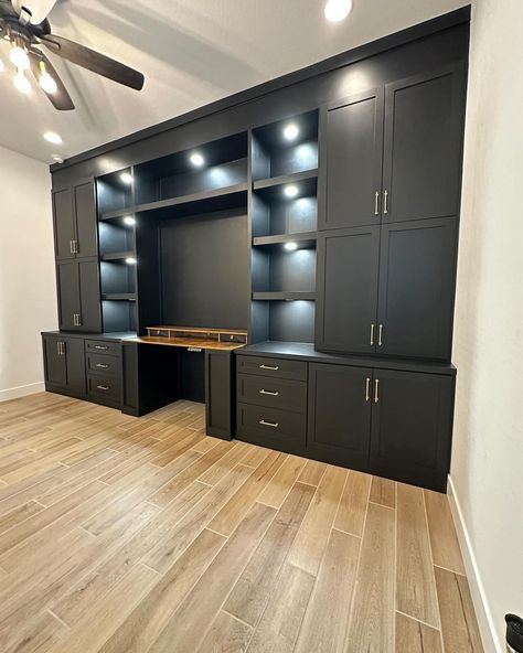 Built In For Office, Home Office With Closet Layout, Build In Office Cabinets, Office White Built Ins, Full Wall Storage Cabinets Built Ins, Filing Cabinet Built In, Black Built In Tv Wall Unit, Hallway Home Office, Built In Desk In Dining Room