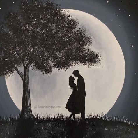 Moon tree acrylic abstract landscape Couple Painting Aesthetic, Couple Acrylic Painting, Romantic Paintings Couple, Nature Baground Images, Shadow Painting, Beautiful Night Images, Mountain Drawing, Easy Love Drawings, Couple Silhouette