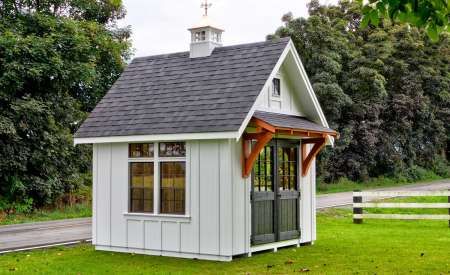 Farmhouse Garden Shed 8x10 Garden Shed, Farmhouse Garden Shed, Modern Farmhouse Shed, White Sheds, Farmhouse Shed, Cottage Shed, Backyard Bridges, Sheds Ideas Backyard, Farmhouse Sheds