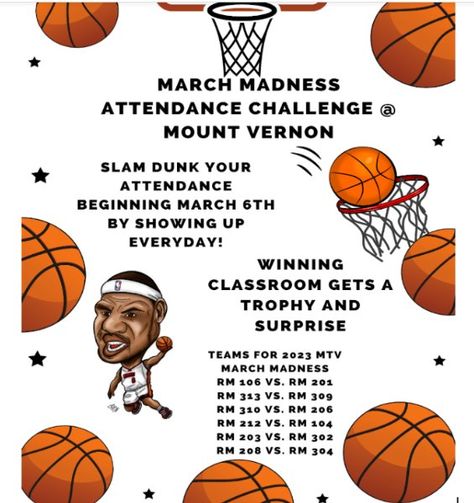 MTV March Madness Attendance Challenge! - News and Announcements - March Madness Attendance Challenge, Attendance Challenge Ideas, Attendance Incentives Elementary, Attendance Activities, Attendance Ideas, Attendance Incentives, Unique Bulletin Board Ideas, Pe Bulletin Boards, Attendance Tracker