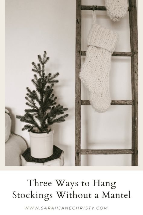 Stockings On Ladder, Stockings Without A Mantle, Stockings Without A Fireplace, Neutral Christmas Aesthetic, Botanical Christmas, Blogger Home, Neutral Christmas Decor, Neutral Christmas, Scandi Christmas