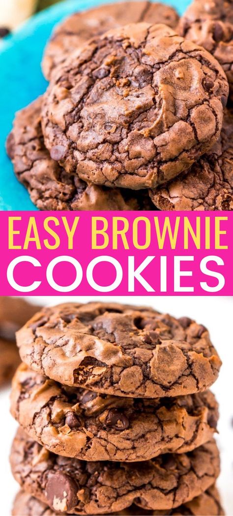 These Brownie Cookies are made from an adapted brownie box mix and are loaded with chocolate chips! They have a crisp outer edge and chewy fudge center just like a classic brownie! #BROWNIES #COOKIES #DESSERTRECIPE Easy Brownie Cookies, Chewy Fudge, Brownies Caramel, Brownie Mix Cookies, Easy Brownie, Fall Goodies, Future Chef, Chocolate Brownie Cookies, Cookie Brownie Recipe