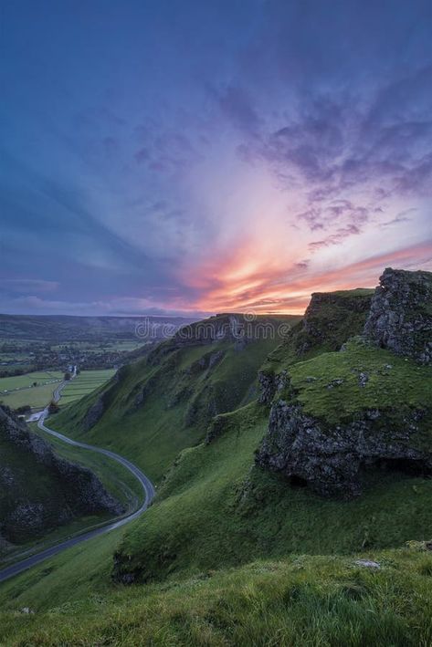 Stunning dramatic early Autumn dawn landscape image viewed along Winnats Pass in Peak District England royalty free stock image Snake Pass Peak District, The Peak District England, Peak District Aesthetic, Britain Landscape, Peak District England, Dawn Landscape, Autumn Sunrise, Vision 2025, Sunrise Landscape