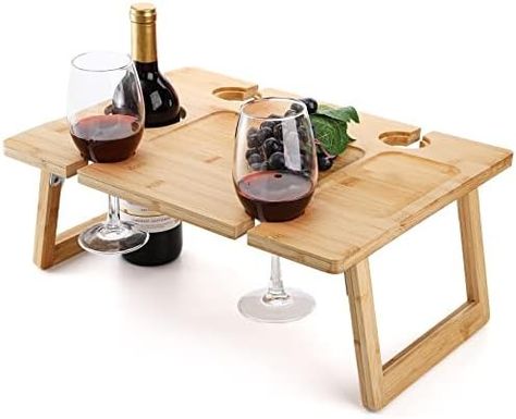 Amazon.com : Peohud Portable Wine Picnic Table, Foldable Champagne Picnic Snack Table Tray, Wooden Outdoor Picnic Table with Glass Holder for Park, Beach, Camping, Bed, Wine Lover Gift : Patio, Lawn & Garden Champagne Picnic, Wine Picnic Table, Outdoor Picnic Table, Wine Picnic, Picnic Snacks, Painted Tables, Table Foldable, Wooden Food, Bamboo Board