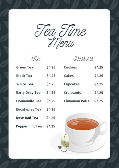 Simple Flat Tea & Desserts Time Menu Tea Desserts, Tea Cup Cake, Tea Drinks, Peppermint Tea, Grey Tea, Chamomile Tea, The Editor, Brand Kit, Tea Cakes