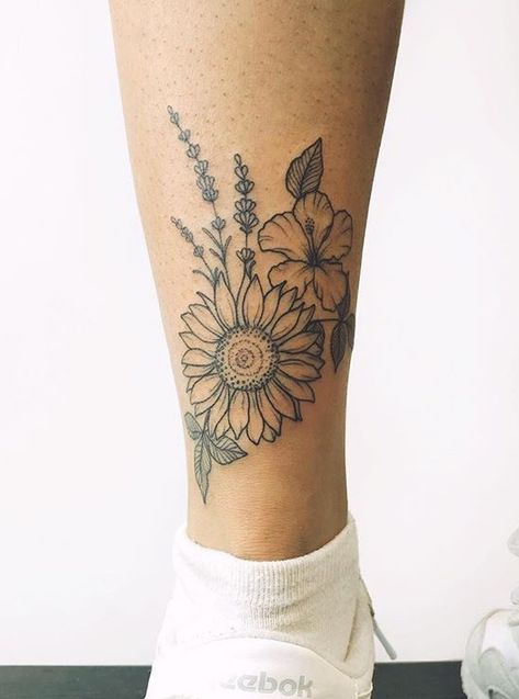 Women's Calf Tattoos, Sunflower Tattoo Back Of Leg, Small Calf Tattoo, Simple Leg Tattoos Women Lower Calf, Calve Tattoo Ideas, Sunflower Tattoo Calf, Sunflower Leg Tattoo Calf, Sunflower Tattoo On Calf, Sunflower Tattoo On Leg