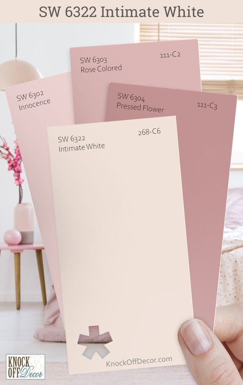 Sherwin-Williams Intimate White has been my muse for creating spaces that speak in hushed tones. I select colors like SW Pressed Flower, Rose Colored, and Innocence that amplify its quietude, setting a mood of tranquil repose. Click to view my top coordinating color palettes in my full review. Blush White Paint Color, Pink Paint Samples, White Paint With Pink Undertones Sherwin Williams, Rose Pink Paint Color, Shabby Chic Pink Paint, Farmhouse Pink Paint, Pink And White Board And Batten, White With Pink Undertone Paint, Sw Pressed Flower