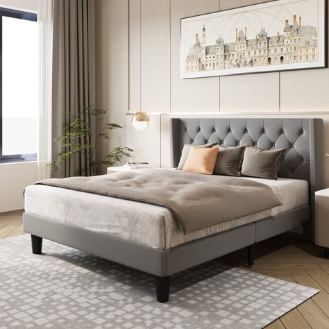 Lark Manor Hilbert Upholstered Low Profile Platform Bed Frame with Headboard & Reviews - Wayfair Canada Platform Bed Frame With Headboard, Low Profile Platform Bed, Button Tufted Headboard, Bed Frame With Headboard, Tufted Headboard, Main Bedroom, Platform Bed Frame, Bedroom Furniture Beds, Memory Foam Mattress