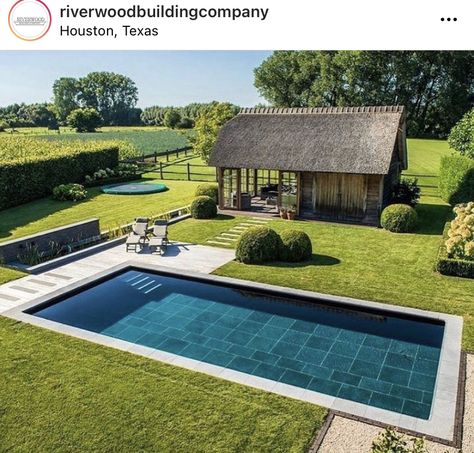 Country Pool Landscaping, Country Pool, Pool Patio Designs, Barn Pool, Rectangle Pool, Pools Backyard Inground, Hampton Style, Pool Landscape Design, Pool Tiles