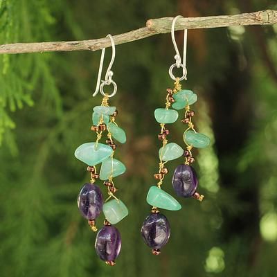 Aventurine and amethyst beaded earrings, 'Mystic Jungle' Hoop Earrings Diy, Beaded Jewelry Earrings, Beaded Chandelier Earrings, Beaded Earrings Diy, Beaded Earrings Patterns, Earrings Beaded, Earring Tutorial, Amethyst Beads, Beaded Hoop Earrings