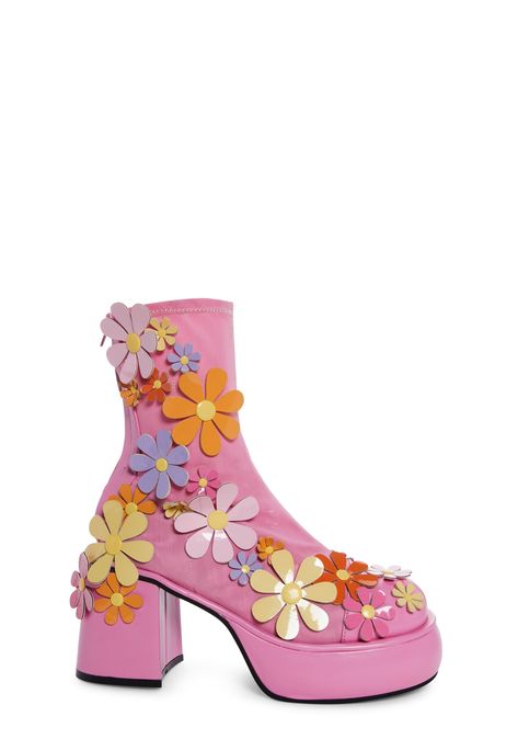 Sugar Thrillz Mesh Daisy Floral Platform Boots - Pink Platforms Shoes, Outrageous Fashion, Conservative Outfits, Dolls Kill Shoes, Funky Shoes, Hairstyles Women, Sugar Thrillz, Gogo Boots, Boots Heels