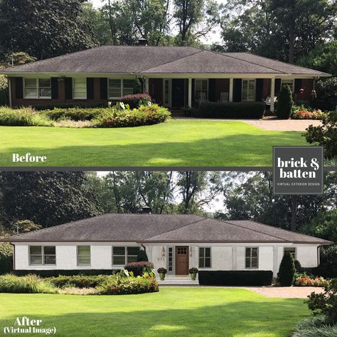 See how brick&batten designers, architects, and graphics turn these traditional ranch homes into absolute stunners..with before & after curb appeal makeovers. According to Zillow, 9 of 10 houses, in the 1950’s and 60’s were ranch style.  As the 80’s hit, people were opting for more square footage; however, the McMansion trend is quickly coming to an end and the 50’s ranches are BACK in a big way. Ranch homes are in high demand and ready to be updated.So let's get started in updating yours! Ranch House Remodel, Ranch House Exterior, Ranch Homes, Ranch Exterior, Victorian Style Homes, Brick Ranch, Home Exterior Makeover, Brick Exterior House, Exterior Makeover