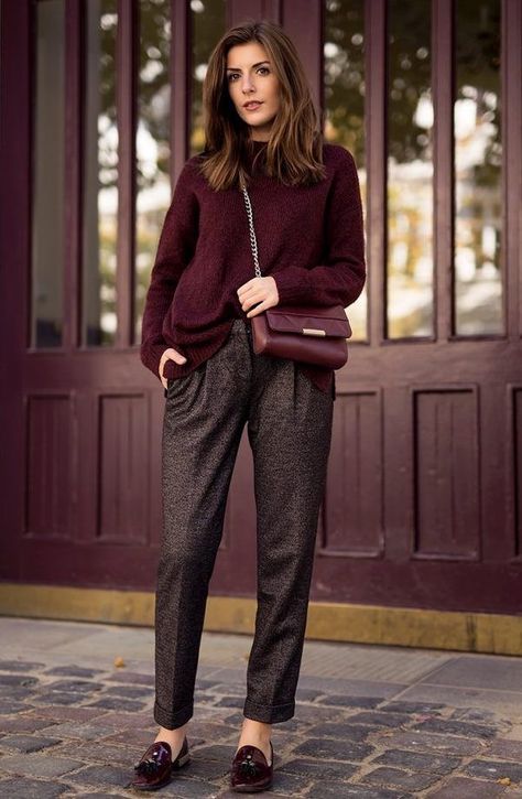 Eggplant Sweater Outfit, Plum Trousers Outfit, Aubergine Pants Outfits, Plum Outfits For Women, Burgundy Casual Outfit, Plum Sweater Outfit, Gray Pants Work Outfits Women, Brown And Burgundy Outfit, Burgundy Sweater Outfit Winter