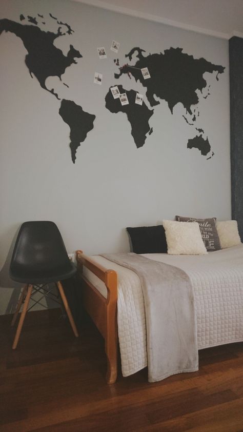 World Map Photo, Chair Pillows, Black White Wallpaper, Minimal Bedroom, Monochrome Interior, World Map Wallpaper, Grey Wall, Map Wallpaper, Themed Bedroom