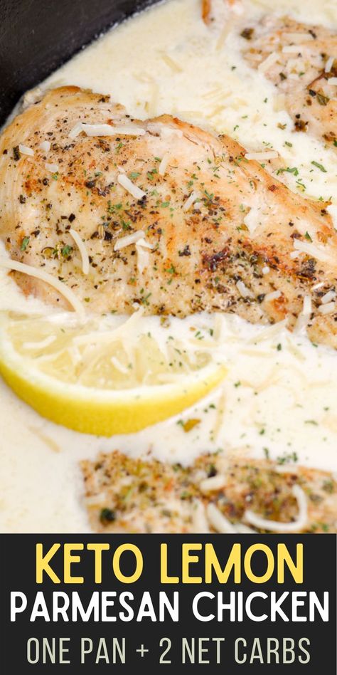 This contains: This Keto Lemon Parmesan Chicken is a one pan recipe, ready in under 30 minutes that contains just 2 net carbs per serving! Keto Chicken Scampi, Low Carb Chicken Skillet Recipes, Keto Diet Recipes Dinners, Low Carb One Pot Meals, Keto Chicken Crockpot Recipes, R3 Meals, Keto Chicken Breast Recipes, Chicken Keto Recipes, Lemon Parmesan Chicken