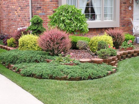 Colorful Shrubs, Front Yards Curb Appeal, Small Front Yard Landscaping, Small Front Yard, Front Garden Design, Front Yard Design, Red Brick House, Front Landscaping, Low Maintenance Landscaping