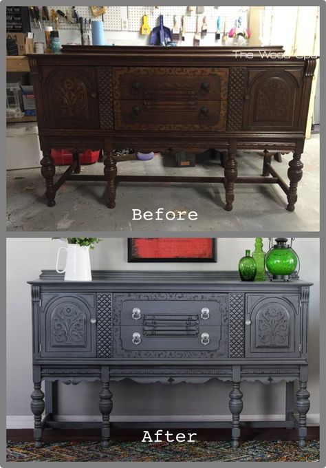 A Gray Buffet With a Surprise on the Inside Antique Sideboard Makeover, Pink Buffet, Jacobean Buffet, Sideboard Makeover, Wood Spa, Buffet Makeover, Painted Sideboard, Antique Sideboard, Furniture Refinishing