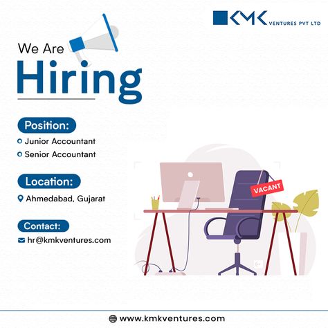 Job Opening for Jr. Accountant and Sr. Accountant. Location: Ahmedabad Share CV: hr@kmkventures.com #JobOpening #Hiring #Accountant #recruiting #jobs #nowhiring #careers #jobopportunities Hiring Design, Job Announcement, Business Development Executive, Recruitment Poster Design, Hiring Flyer, Hiring Poster, Job Poster, Education Poster Design, Accounting Jobs