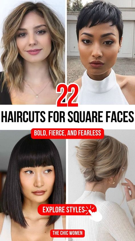 Top 22 Flattering Haircuts for Women with Square Faces Mid Length Haircut Square Face, Long Bob Haircuts For Square Faces, Best Hair Length For Square Face, Haircuts For Square Jawline, Square Shape Face Haircuts, Hairstyles For A Square Face Shape, Square Face Updo, Medium Length Hair For Square Faces, Pixie Haircut For Square Faces Fine Hair