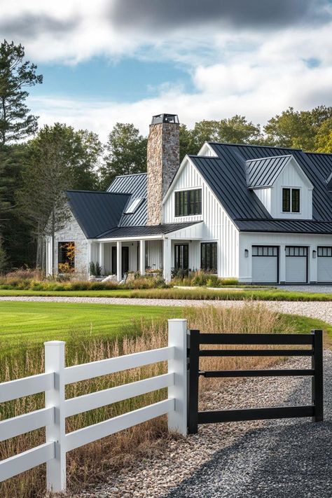 Wide angle view of a modern farmhouse exterior in white board and batten siding black multi pitched roof with dormers brown stone chimney detached. Check out all of these dream farmhouses that will have you drooling with rural living fantasies and mooing with joy! White Board And Batten Siding, Houses Farmhouse, White Board And Batten, Wood Pillars, Future Farmhouse, Farmhouse Backyard, Green Siding, Farmhouse Stand, White Modern Farmhouse