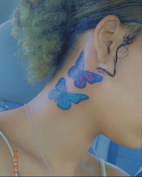 Blue Neck Tattoo, Blue Butterfly Tattoo Behind Ear, Blue Ink Tattoos Black Women, Butterfly Tattoo Behind Ear, Tattoos Black Women, Neck Tats, Baddie Tattoos, Blue Ink Tattoos, Tattoo Behind Ear