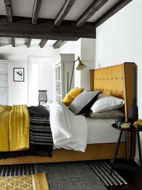 Mustard yellow bed Mustard Yellow Bed, Mustard Bedroom, Yellow Bed, Mustard Bedding, Yellow Bedroom Decor, Contemporary Bedroom Design, Yellow Bedding, Yellow Interior, Funky Home Decor