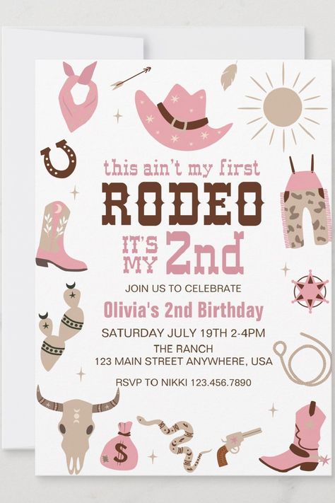 🏷️$1.98 📢Before Discount - 🎁 This ain't my first Rodeo, it's my Second! Western Cowgirl themed 2nd birthday with pink and  cow print. 🥳🎉🥂🎁🔥 western, cowboy, cow print, brown, second rodeo, 2nd birthday, this ain't my first rodeo, girl, cowgirl, pink My First Rodeo Girl, Rodeo 2nd Birthday, Cowgirl 2nd Birthday, Pink And Cow Print, Second Rodeo, My First Rodeo, 2nd Birthday Invitations, First Rodeo, Western Cowgirls