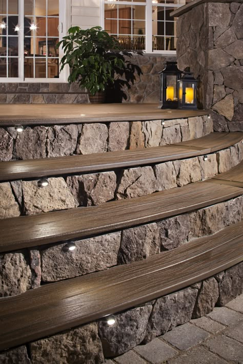 Backyard Patio Deck, Diy Outdoor Lighting, Patio Steps, Patio Deck Designs, Deck Stairs, Porch Steps, Garden Steps, Backyard Lighting, Outdoor Diy Projects