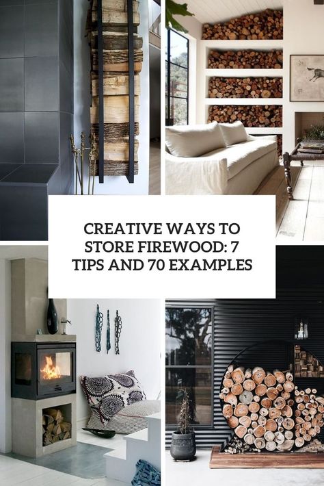 creative ways to store firewood 7 tips and 70 examples cover Store Firewood, Simple Console Table, Firewood Stand, Storage Fireplace, Brown Ottoman, Vintage Fireplace, Mounted Fireplace, Firewood Storage, Outdoor Dining Room