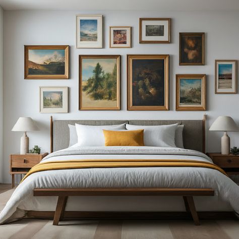 Looking for affordable ways to elevate your bedroom? Check out our list of 28 stunning above-bed decor ideas that won't break the bank. #bedroomdecor
#bedroomdesign
#homedecor
#interiordecor
#interiorstyling
#bedroominspo
#bedroomideas Gallery Wall Behind Bed, Gallery Wall Over Bed, Above Bed Decor Ideas, Above Headboard Decor, Decorations Above Bed, Frames Above Bed, Above Bed Ideas, Wall Behind Bed, Brown Bedroom Decor