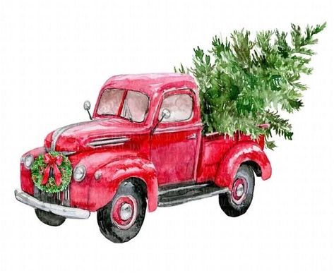 Christmas Tree Truck, Christmas Decoupage, Red Truck Christmas, Christmas Red Truck, Watercolor Christmas Tree, Christmas Decals, Merry Christmas Tree, Red Christmas Tree, Christmas Car