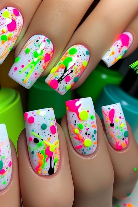 Fun Nail Ideas Acrylic, Funky Bright Nails, 1980s Nail Trends, 80s Nails Designs Neon, Funky Nail Designs Fun, 80’s Nails, 80s Inspired Nails, 80s Nail Art, 80s Nail Designs