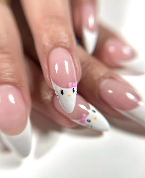 Cat Nail Art Designs, Paznokcie Hello Kitty, Hello Kitty Nails Art, Cat Nail Art, Home Nails, Cat Nail, Gel Overlay, Cute Simple Nails, Girly Acrylic Nails