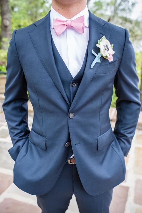 #ad navy groom suit with pink bow tie Blue Wedding Suit Groom, Navy Blue Tux, Navy Blue Suit Men, Groom Suit Navy, Navy Tux, Navy Groom, Blue Tux, Light Blue Suit, Wedding Tux