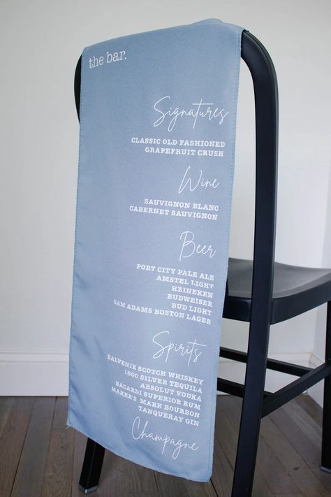 Wedding Reception Signage, Tanqueray Gin, Fabric Bar, Reception Signage, Custom Bar Signs, Bar Menu Wedding, Menu Printing, Scotch Whiskey, Custom Bar