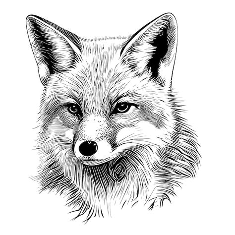 Fox Illustration Black And White, Drawing Fox Sketches, Animal Faces Drawing, Fox Pyrography, Face Drawing Realistic, Fox Face Drawing, Easy Fox Drawing, Fox Pencil Drawing, Fox Linocut