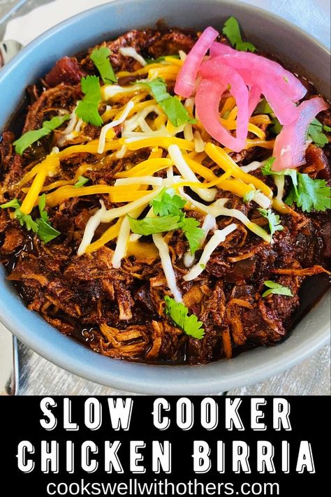 chicken chili in a bowl with cheese and cilantro Birria Taco Bowl, Barbacoa Crock Pot Chicken, Crock Pot Chicken Birria Tacos, Birria Chicken Tacos Recipe Crockpot, Crockpot Chicken Birria Tacos, Mexican Food Slow Cooker, Crock Pot Taco Recipes, Slow Cooker Chicken For Tacos, Berria Tacos Crock Pot