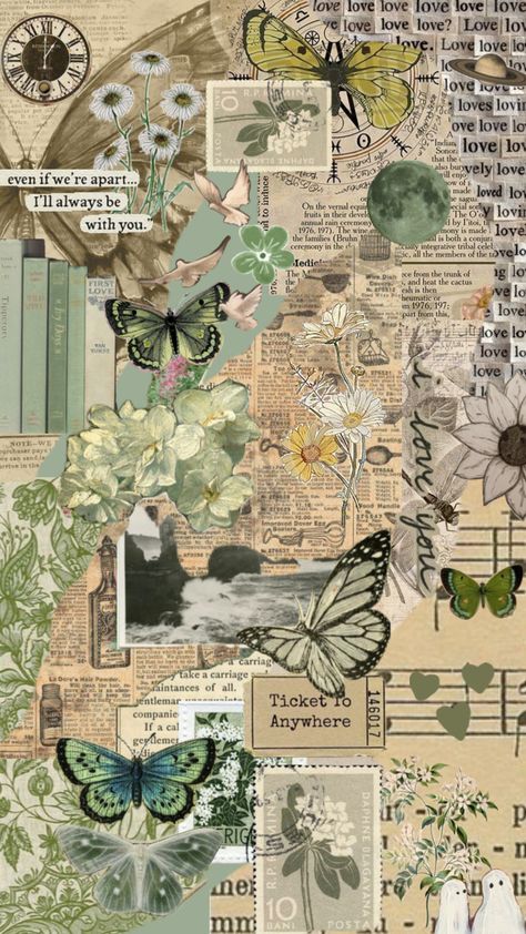 Green Butterfly Wallpaper, Witchy Wallpaper, Wallpaper Collage, Cool Backgrounds Wallpapers, Aesthetic Green, Collage Background, Iphone Wallpaper Themes, Green Butterfly, Vintage Poster Art