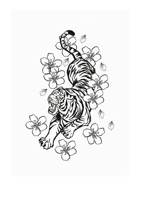 Flowers Tattoo Outline, Tiger With Flowers Tattoo, Tiger With Flowers, Sketch Tattoo, Flowers Tattoo, Tattoo Outline, Creative Tattoos, Fine Line, Tattoo Sketches