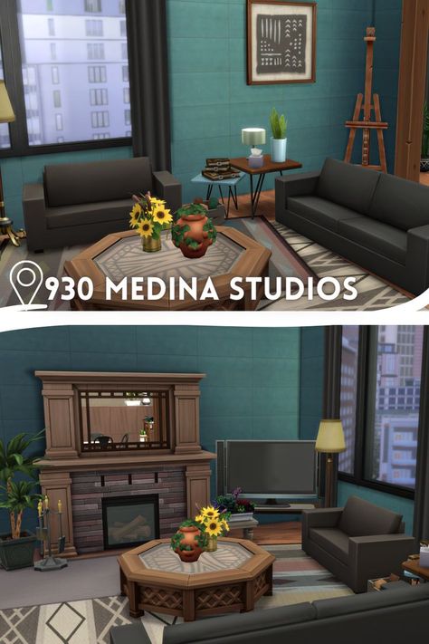 In today's Sims 4 shorts speed build we're continuing the renovation of 930 Medina Studios with the living room! Shorts speed build is on my YouTube channel now💙 #thesims4 #TS4 #sims4renovation #sims4sanmyshuno 930 Medina Studios Sims 4, The Sims 4 Apartment, Sims 4 Apartment, Living Room Renovation, The Sims4, Boho Living Room, The Sims 4, The Sims, Sims 4